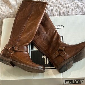 Frye Cognac Brown Leather Harness Boots